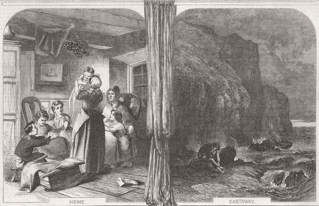 FAMILIES. Home and Castaway 1856 old antique vintage print picture