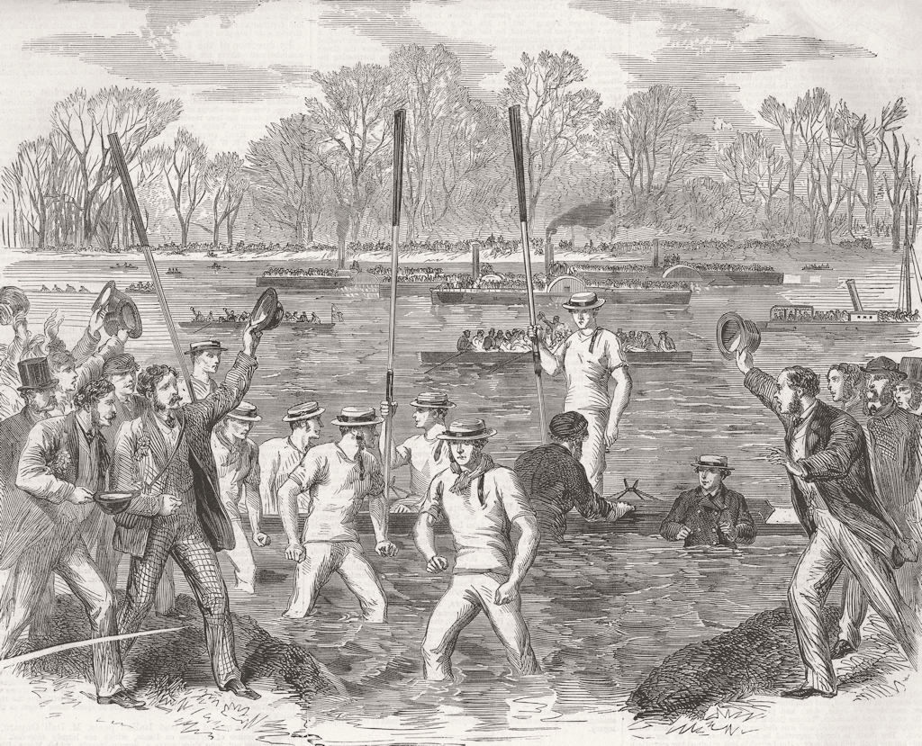 OXBRIDGE. boat-race. winning crew coming Ashore 1863 old antique print picture