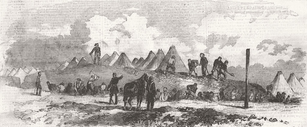 YENIKALE. 71st Regt & Turks digging trenches 1855 old antique print picture