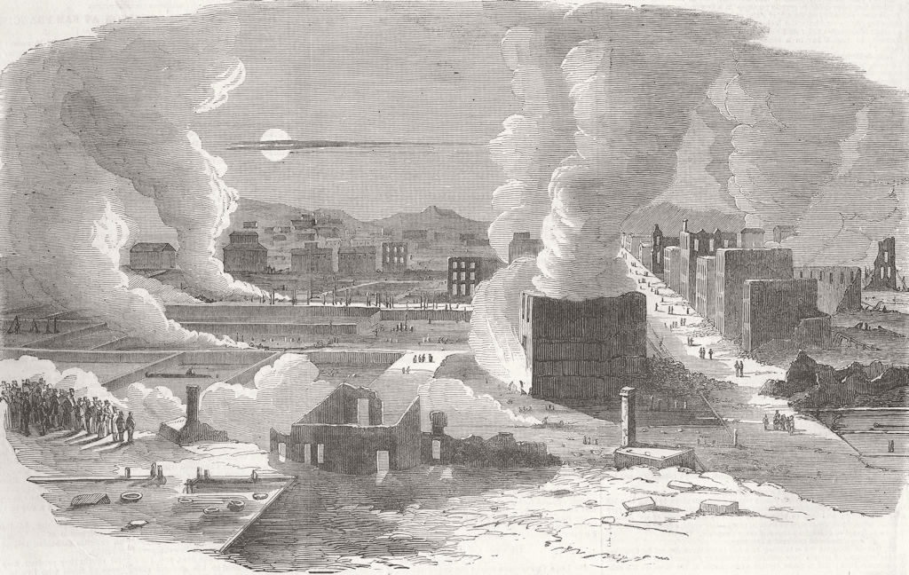 Associate Product SAN FRANCISCO. Fire damage, Pacific St, Montgomery St 1851 old antique print