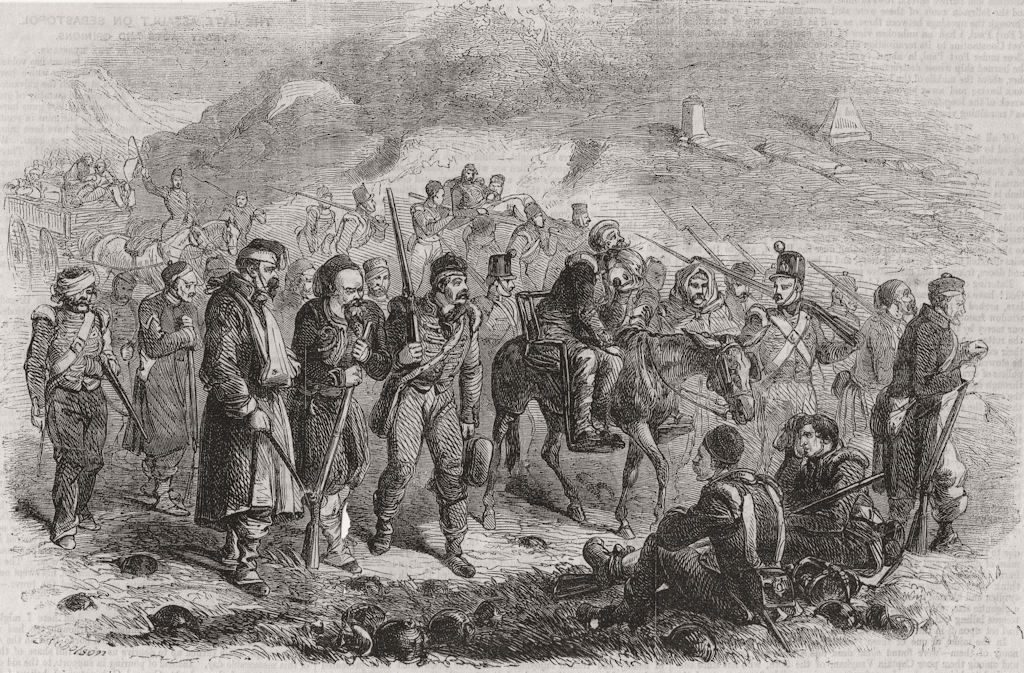 Associate Product MILITARIA. Bringing in the wounded 1855 old antique vintage print picture