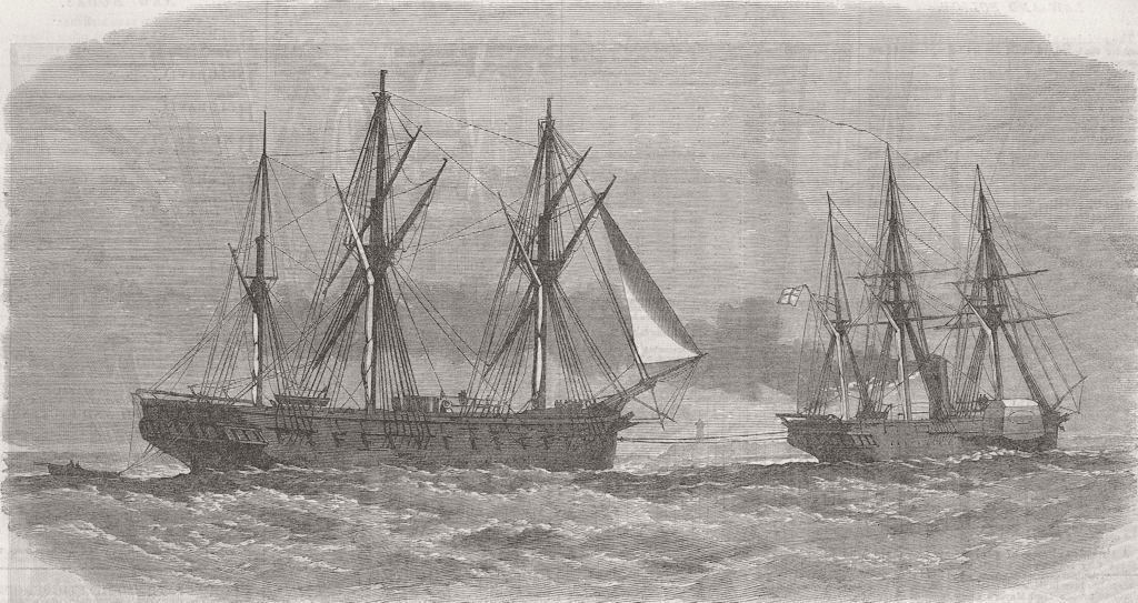FALKLANDS. Spiteful tows Spanish ship, Port Stanley 1866 old antique print