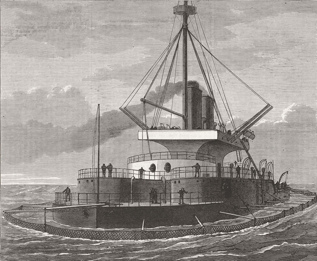 SHIPS. HMS Thunderer fitted with anti-torpedo nets 1877 old antique print