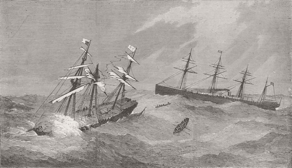 SHIPS. Baltic rescuing Assyria crew during storm 1872 old antique print