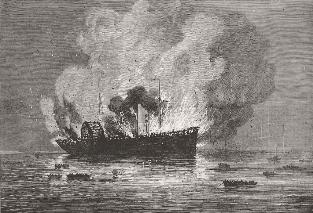 YOKOHAMA. Burning of Pacific Mail Co's ship America 1872 old antique print