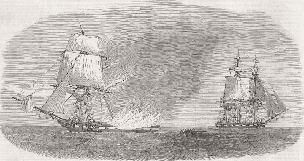 INDIA. Thomas Thompson, ablaze. Crew rescued 1852 old antique print picture