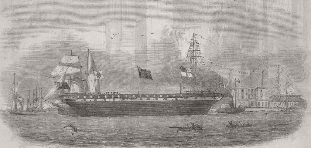 LONDON. Launch. Agamemnon, Blackwall 1854 old antique vintage print picture