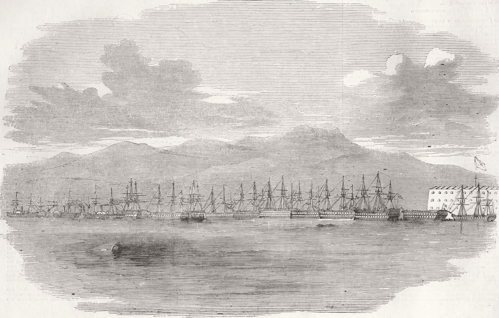 SEVASTOPOL. Russian fleet moored, guns of, under  1854 old antique print