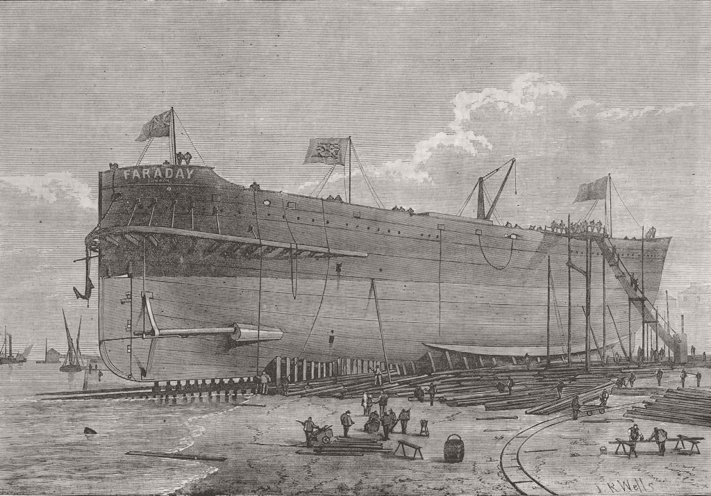 SHIPBUILDING. Faraday launch, telegraph cable ship 1874 old antique print