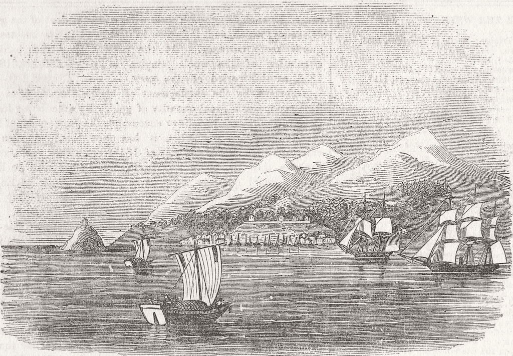 Associate Product JAPAN. Royal navy ships, bay of Matsurai, Island Jezo 1855 old antique print