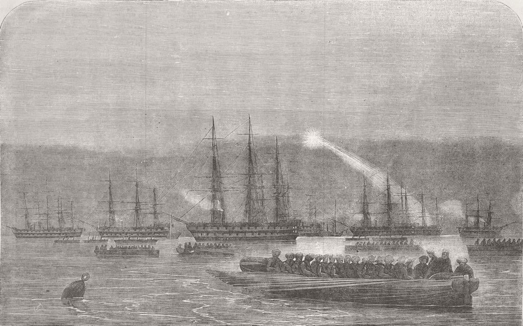 KRONSTADT. Admiral Dundas making night signals 1855 old antique print picture