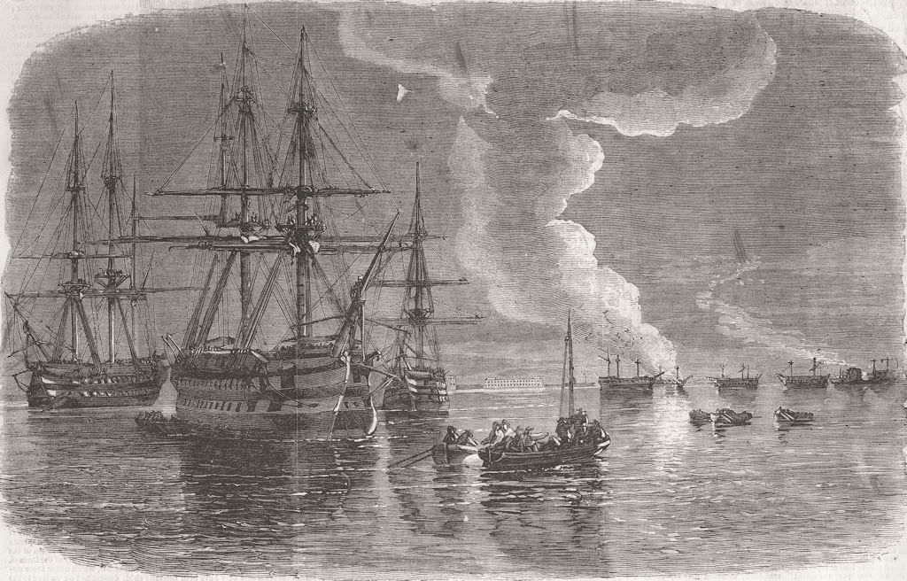 UKRAINE. Sevastopol. Russian ship ablaze, Harbour 1855 old antique print