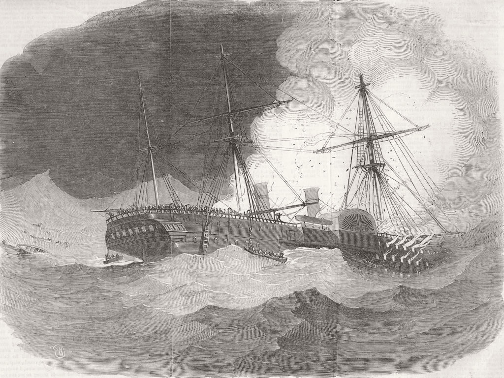 SHIPS. Amazon Mail ship ablaze-Survivors, lifeboats 1852 old antique print