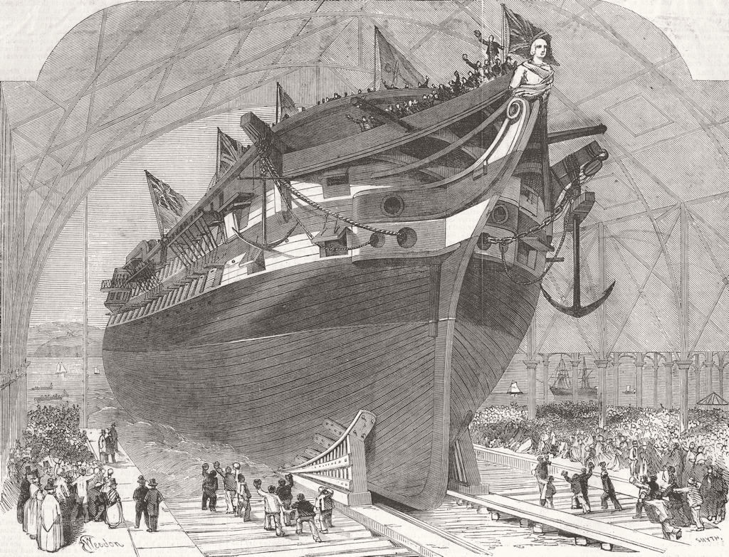 WALES. Launch. James Watt, Royal docks, Pembroke 1853 old antique print