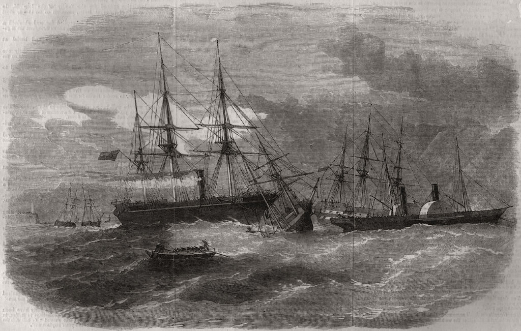IRELAND. ships colliding, Dún Laoghaire Harbour 1856 old antique print picture