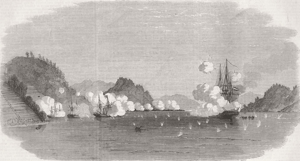 JAPAN. Attack on Dutch war-ship Medusa, Simonoseki 1863 old antique print