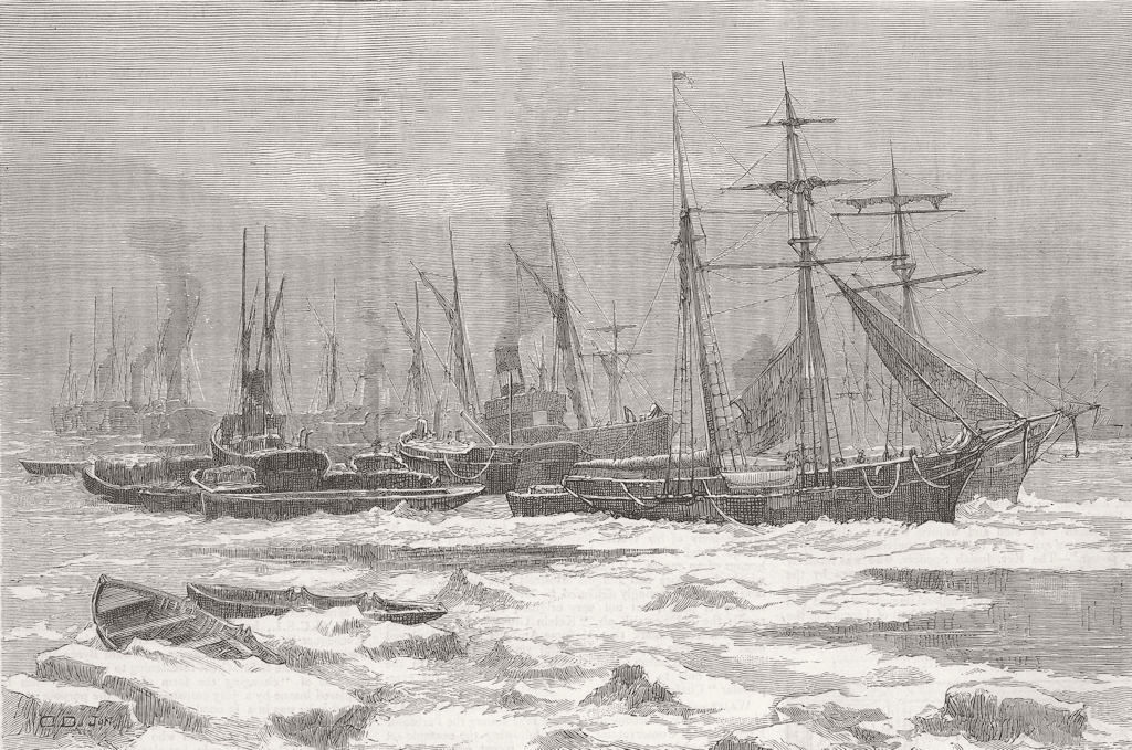 LONDON. Frost-Floating ice, Thames, Custom House Quay 1879 old antique print
