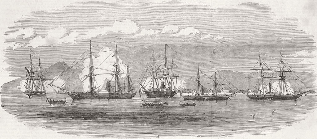 HAITI. English & French ships, harbour of Gonaive 1851 old antique print