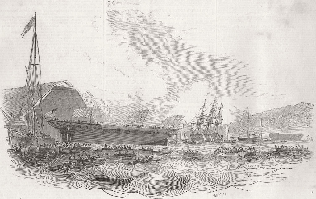 DEVON. Launch. Avenger, ship, Devonport 1845 old antique vintage print picture