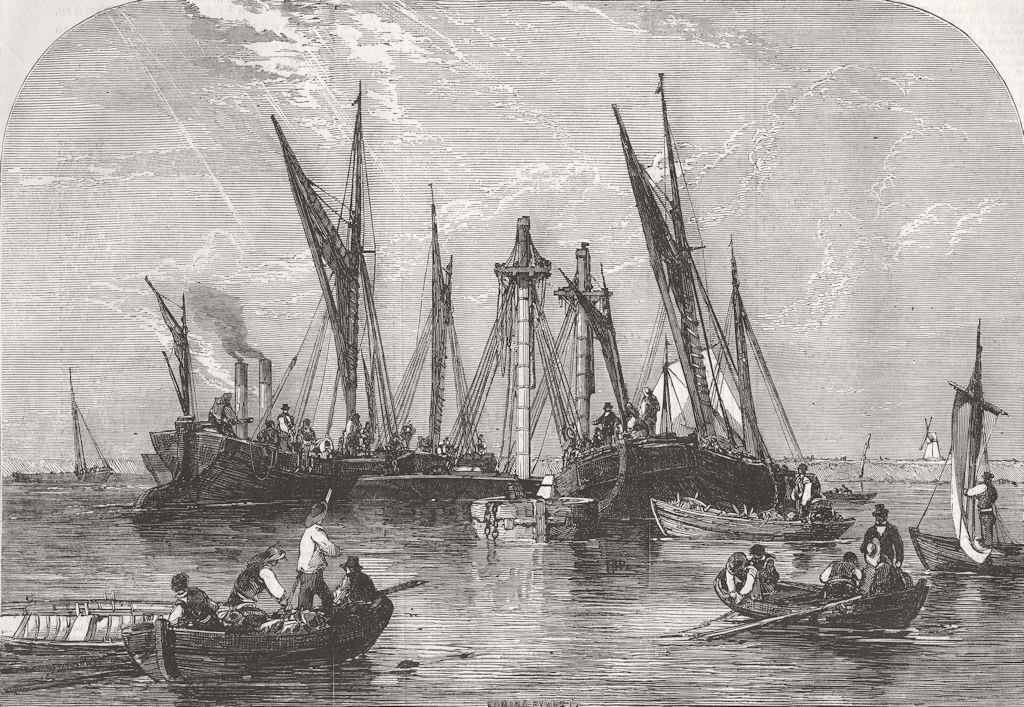 LONDON. Raising of ship Samuel, Thames 1855 old antique vintage print picture