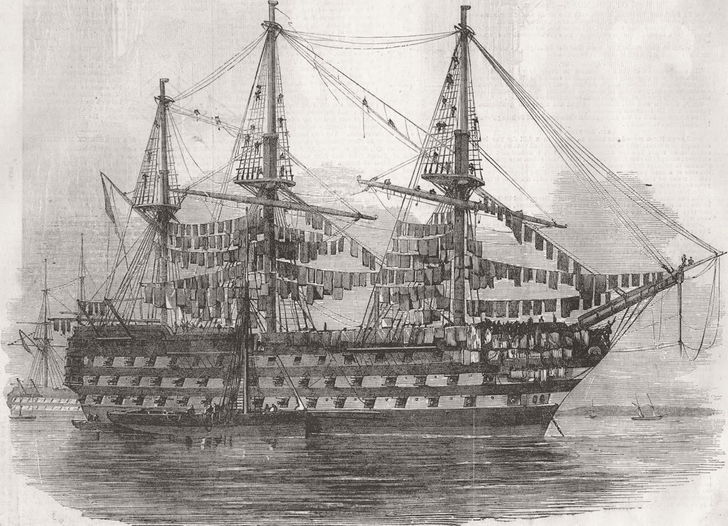 HANTS. HMS St George refitting, Spithead 1855 old antique print picture