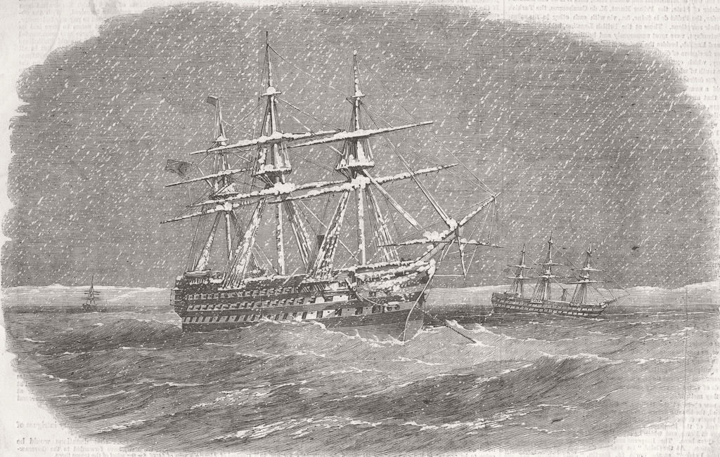 SEVASTOPOL. HMS Royal Albert, snow-storm, blockading 1855 old antique print