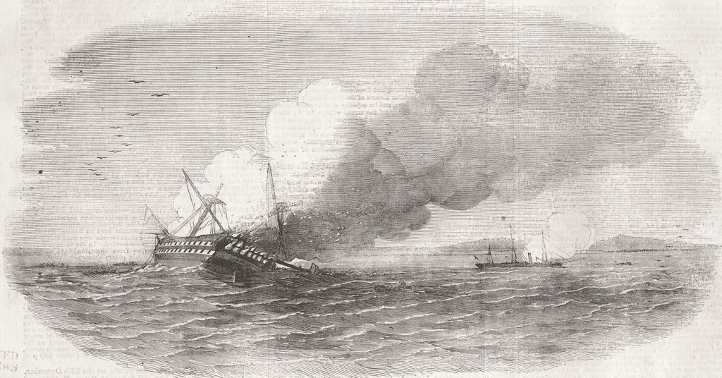 UKRAINE. Burning of Turkish ship--war, Yevpatoria 1857 old antique print