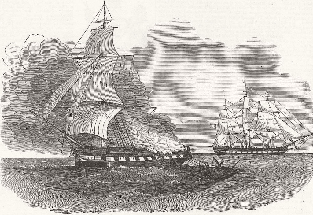 INDIA. ship British Merchant, ablaze 1853 old antique vintage print picture
