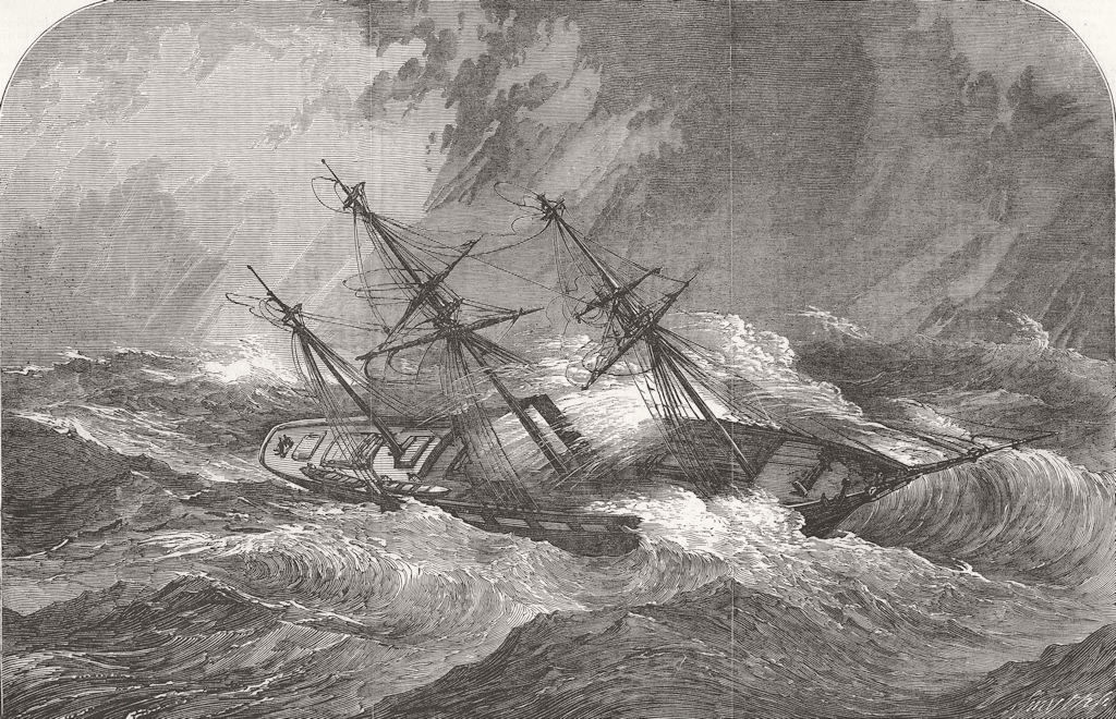 MAURITIUS. Royal Mail Ship Kolkata, Hurricane 1853 old antique print picture