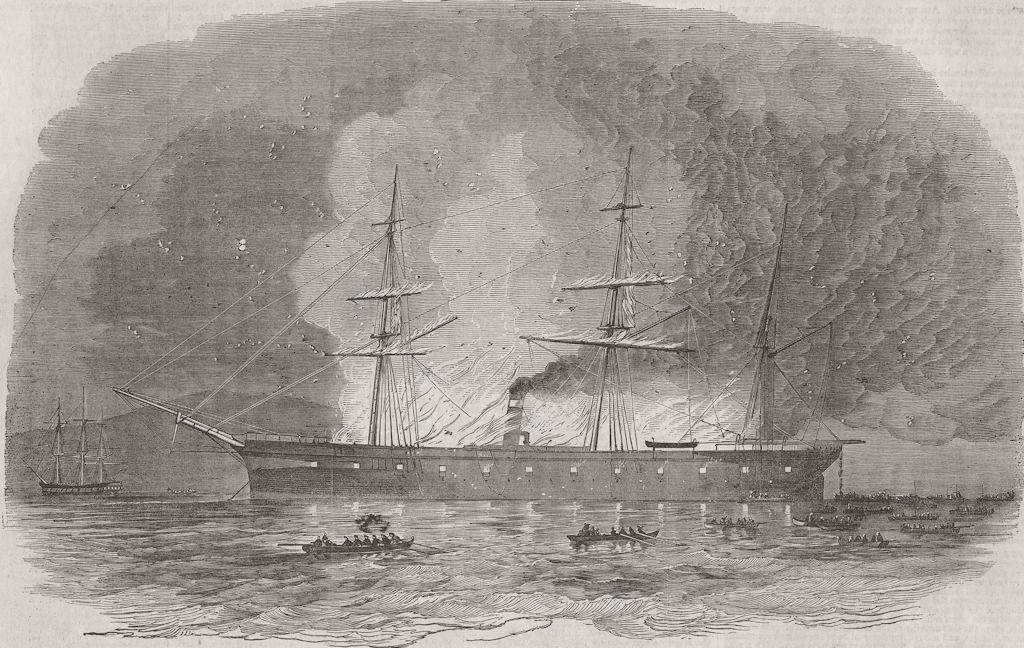 DISASTERS. Pittsburg, American merchant ship, burning 1853 old antique print