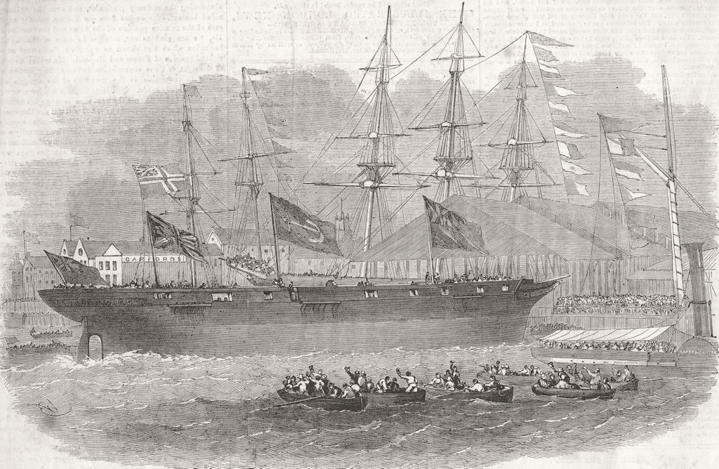 LONDON. Launch. war-ship, Limehouse docks 1855 old antique print picture