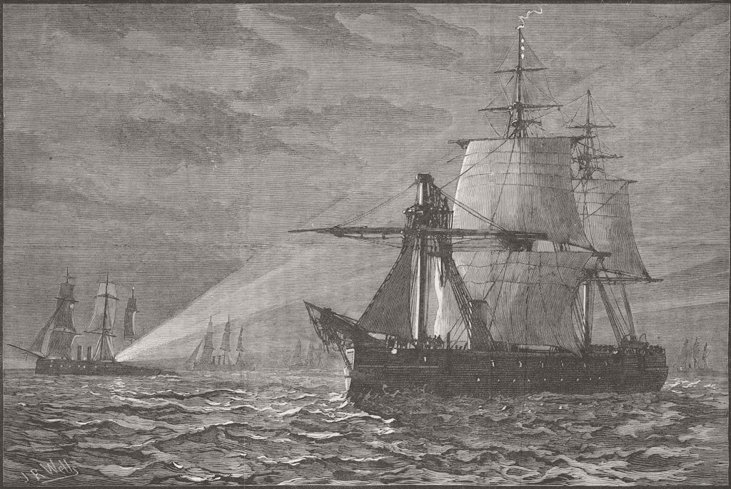 SHIPS. HMS Cleopatra shifting foretopmast lit up 1882 old antique print