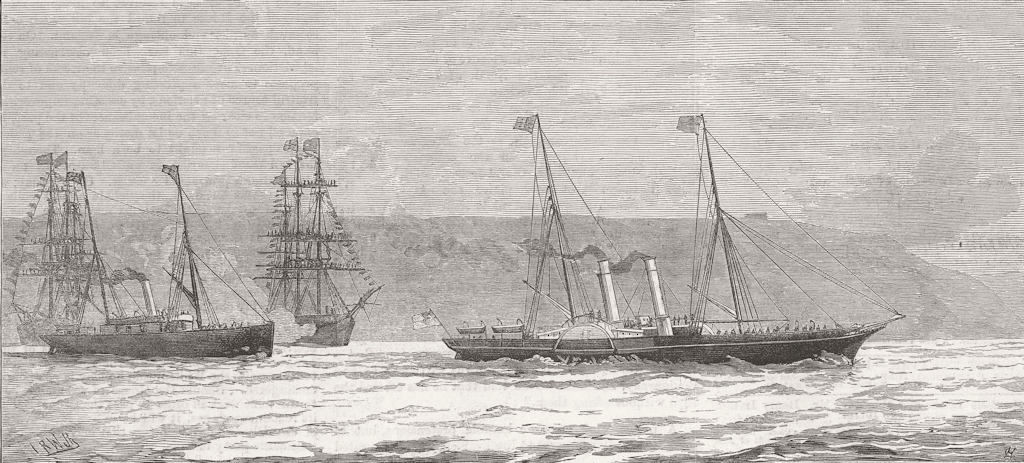 PLYMOUTH. US warships saluting Duke of Edinburgh 1882 old antique print