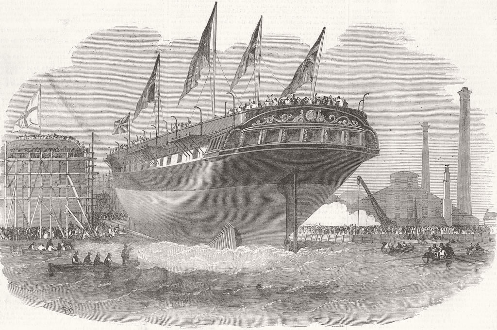 LONDON. Launch. Ship Croesus, Blackwall 1853 old antique vintage print picture