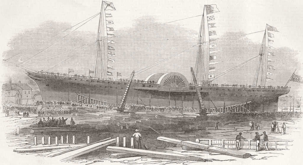 COWES. Launch. West India mailship Solent 1853 old antique print picture