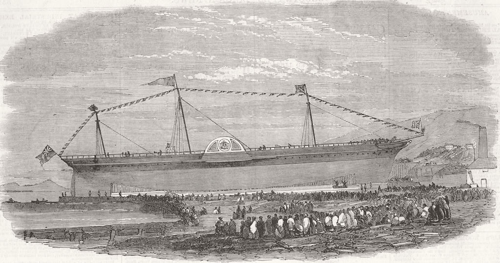SCOTLAND. Launch. iron Ship Atrato, Greenock 1853 old antique print picture
