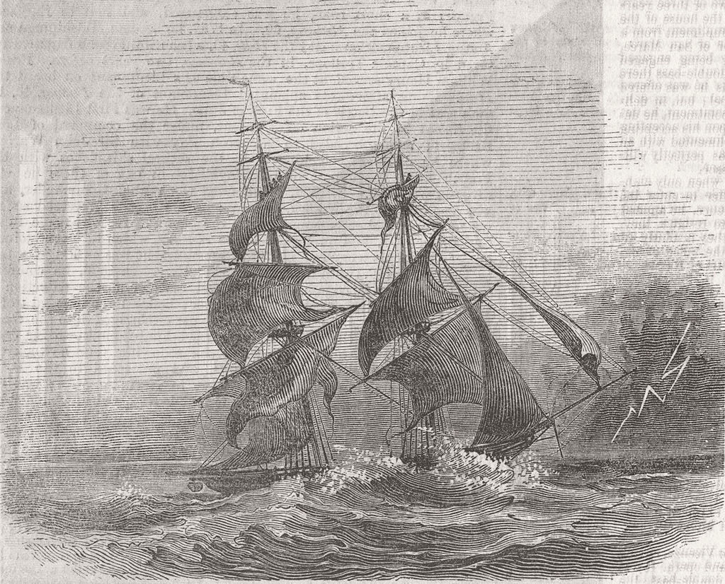 SHIPS. Flying Fish shortening sail-Tornado, Daybreak 1846 old antique print