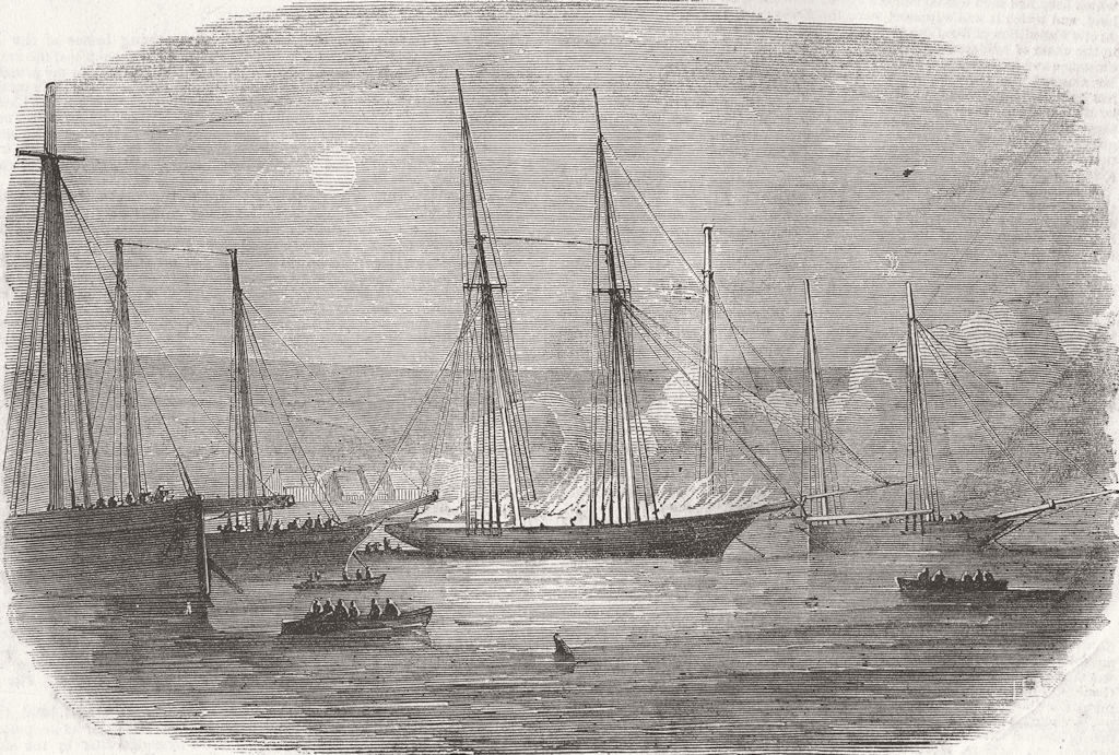 ISLE OF WIGHT. Burning Schooner Titania, Cowes 1852 old antique print picture