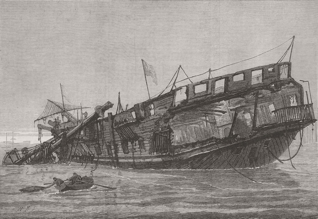MILITARIA. Wreck of Warspite training-ship, low tide 1876 old antique print