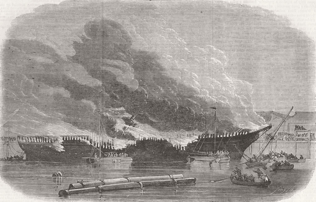 LIVERPOOL. Burning of James Baines, Huskisson Dock 1858 old antique print