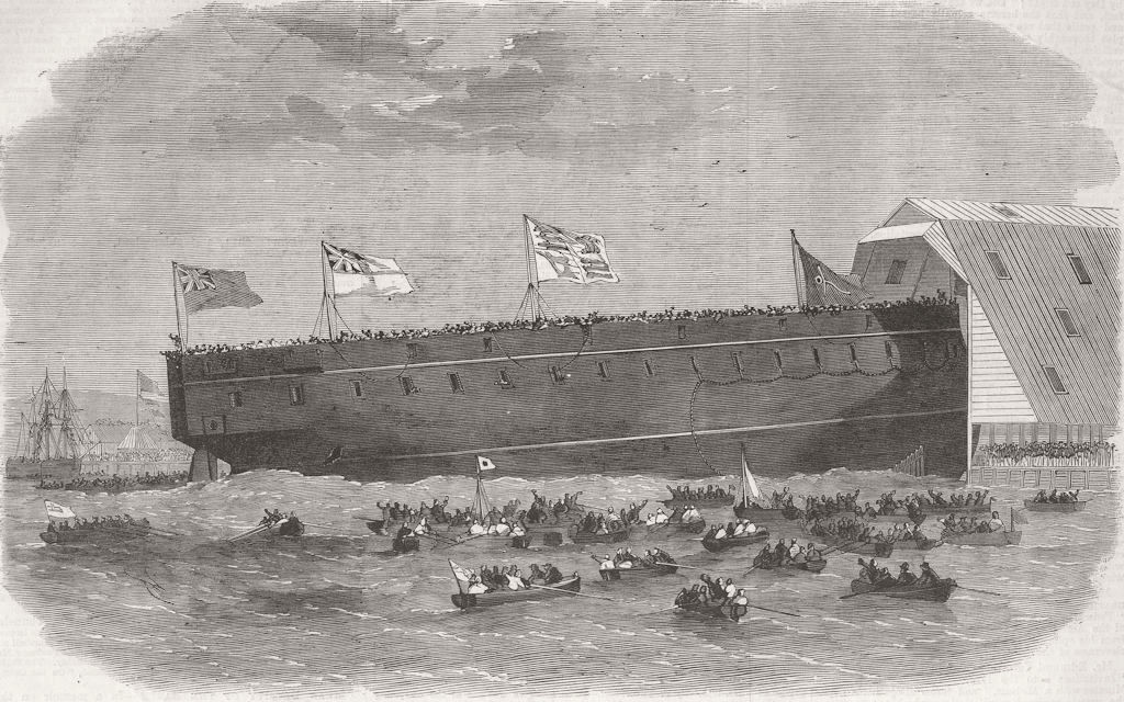 Associate Product DEVON. Launch. HM ironclad ship ocean, Devonport 1863 old antique print