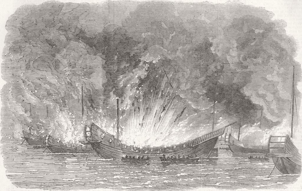 SHIPS. Blowing up Chinese Cdre's junk, Toon-Chung 1857 old antique print