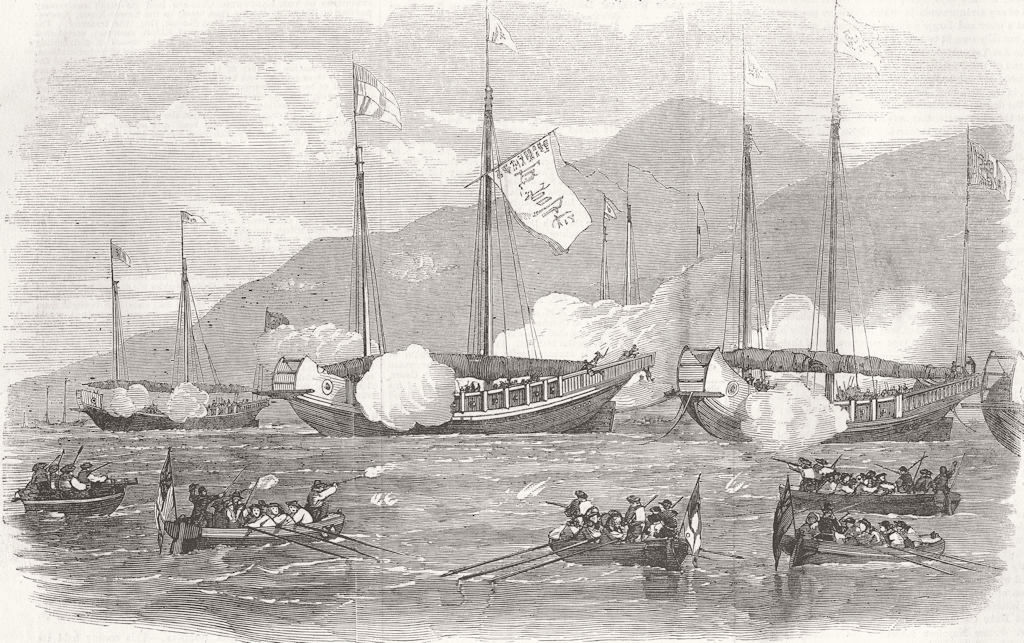 Associate Product CHINA. Royal Navy sinking Mandarin junks, Toon-Chung 1857 old antique print