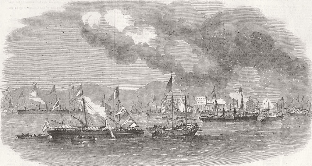 CHINA. Burning of 27 junks, Escape Creek, 1857 1857 old antique print picture