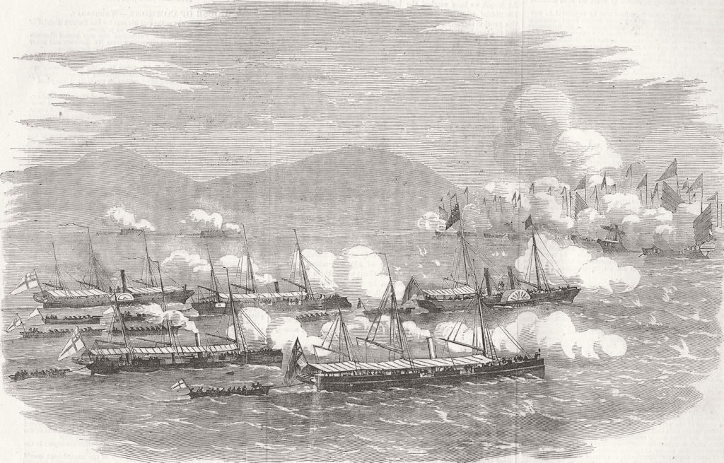 Associate Product CHINA. Gunboat attack, Mandarin junks, escape creek 1857 old antique print