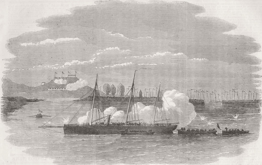 CHINA. Gunboat Starling shelling, Fatsheen Creek 1857 old antique print