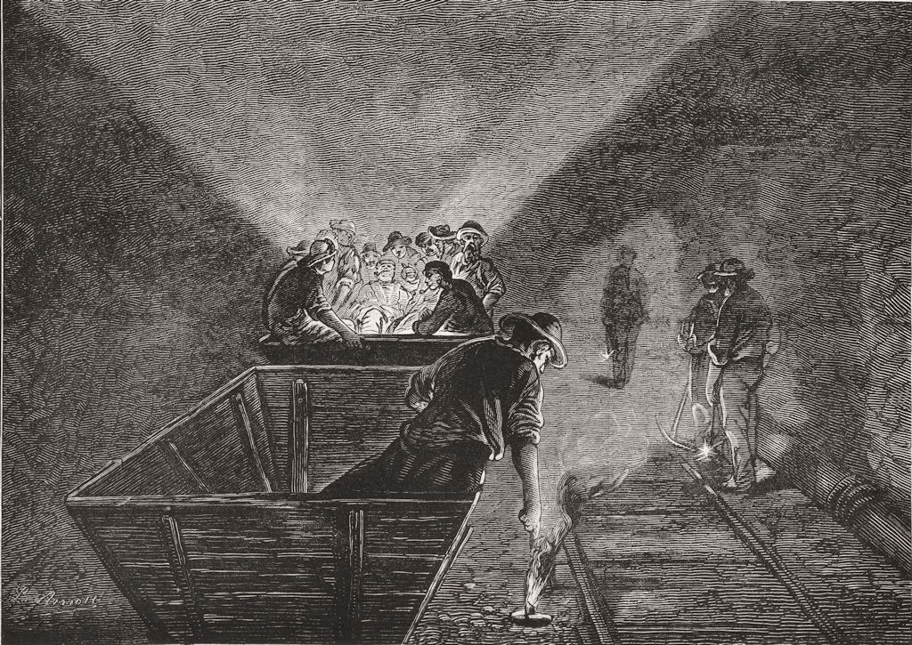 Associate Product SWITZERLAND. St Gothard tunnel. miners leaving work, antique print, 1882