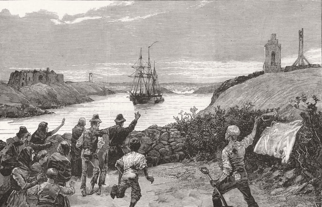 IRELAND.Gunboat Banterer at Inishboffin,with meal for Starving Inhabitants 1886
