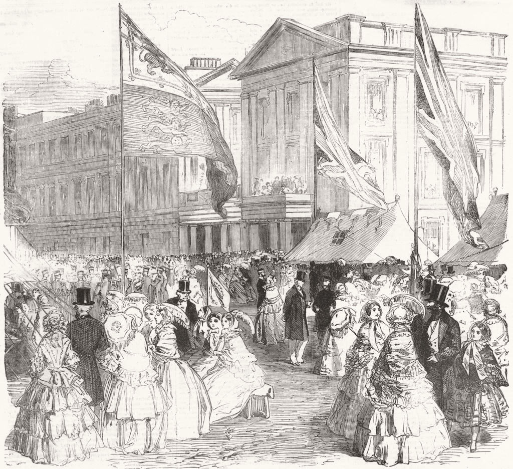 Associate Product LONDON. Fancy Bazaar at the Wellington Barracks, St Jamess Park, old print, 1856