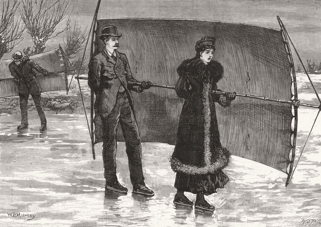 SAILING. Sailing on skates, antique print, 1880